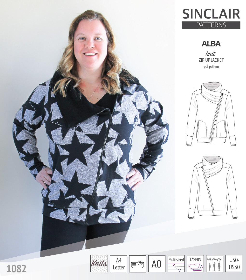 Sinclair Patterns S1082 Alba asymmetrical zip up zipper hoodie jacket for women with pockets pdf sewing pattern