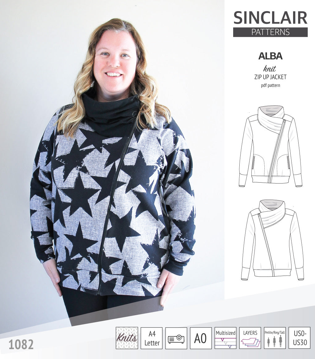Sinclair Patterns S1082 Alba asymmetrical zip up zipper hoodie jacket for women with pockets pdf sewing pattern