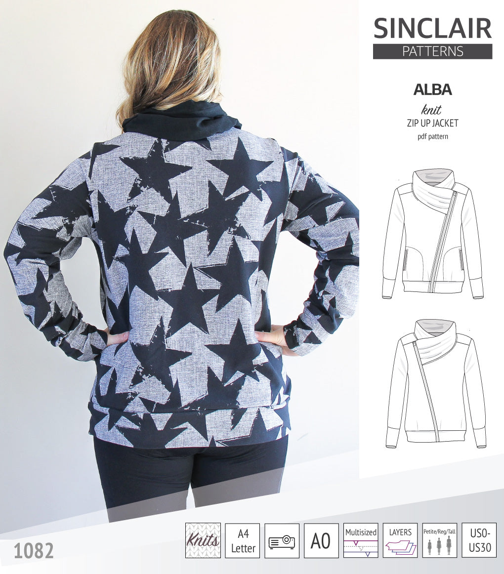 Sinclair Patterns S1082 Alba asymmetrical zip up zipper hoodie jacket for women with pockets pdf sewing pattern
