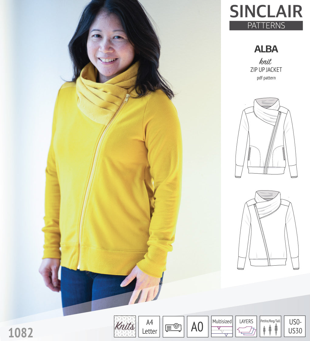 Sinclair Patterns S1082 Alba asymmetrical zip up zipper hoodie jacket for women with pockets pdf sewing pattern