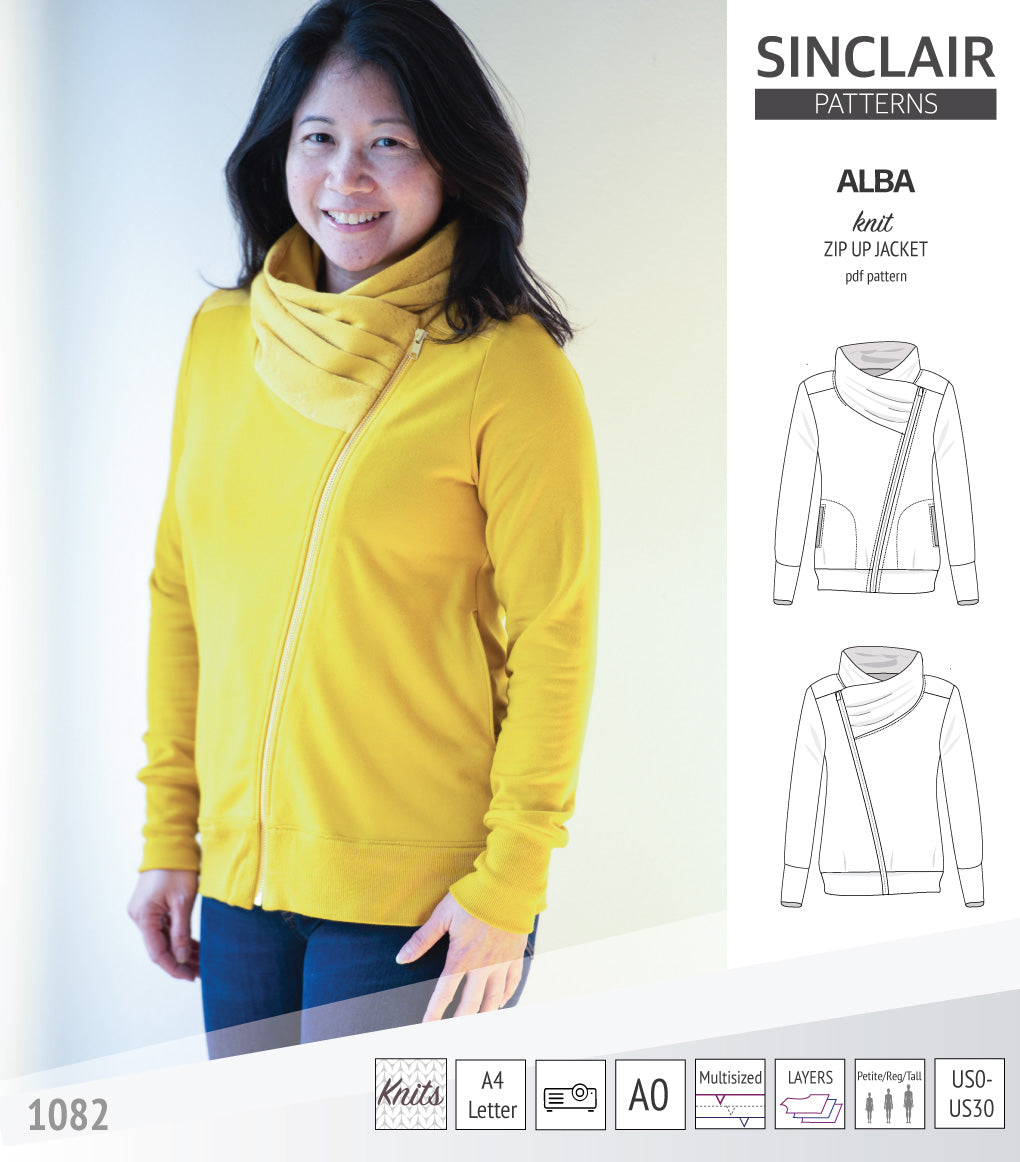Sinclair Patterns S1082 Alba asymmetrical zip up zipper hoodie jacket for women with pockets pdf sewing pattern