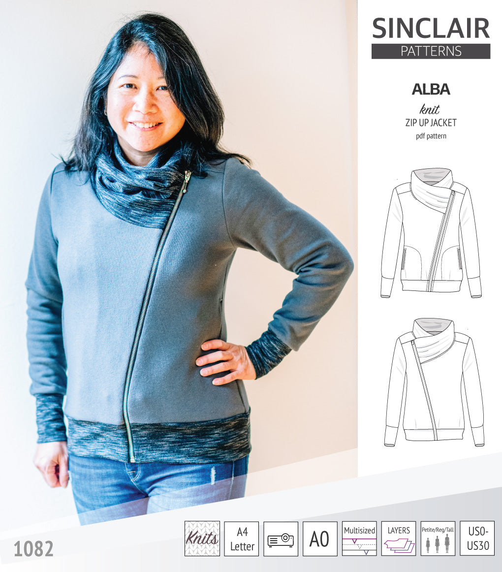 Sinclair Patterns S1082 Alba asymmetrical zip up zipper hoodie jacket for women with pockets pdf sewing pattern