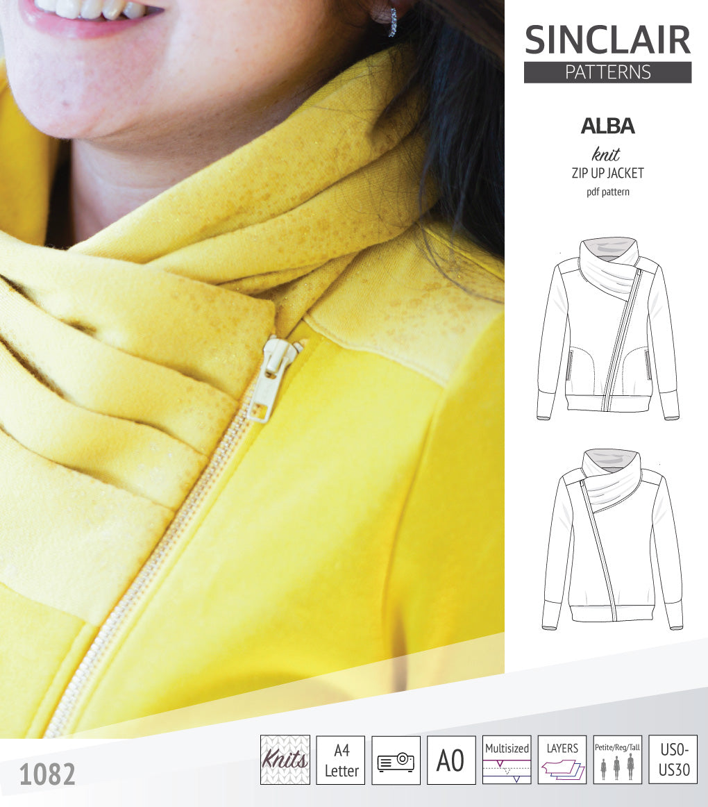 Sinclair Patterns S1082 Alba asymmetrical zip up zipper hoodie jacket for women with pockets pdf sewing pattern