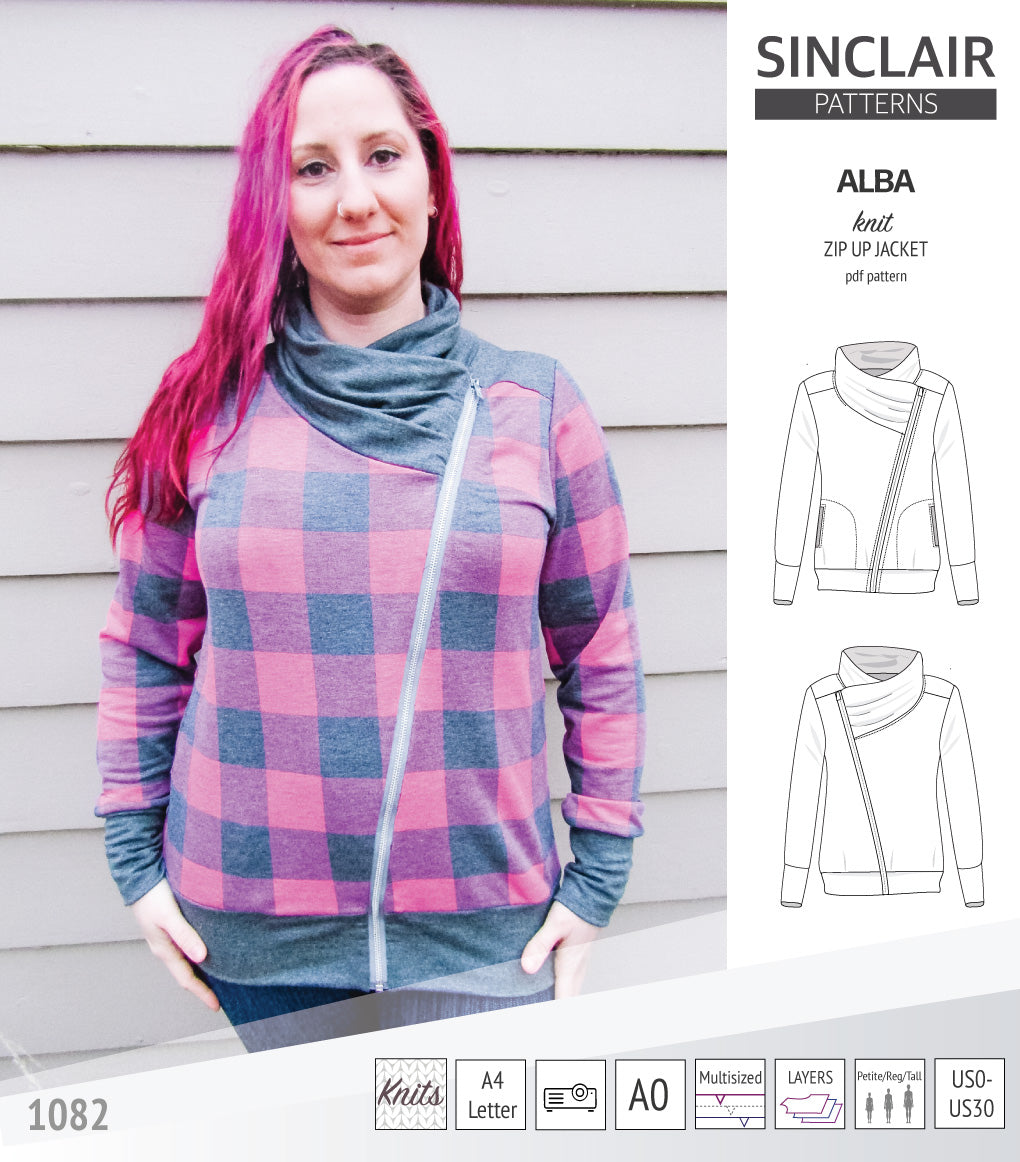 Sinclair Patterns S1082 Alba asymmetrical zip up zipper hoodie jacket for women with pockets pdf sewing pattern