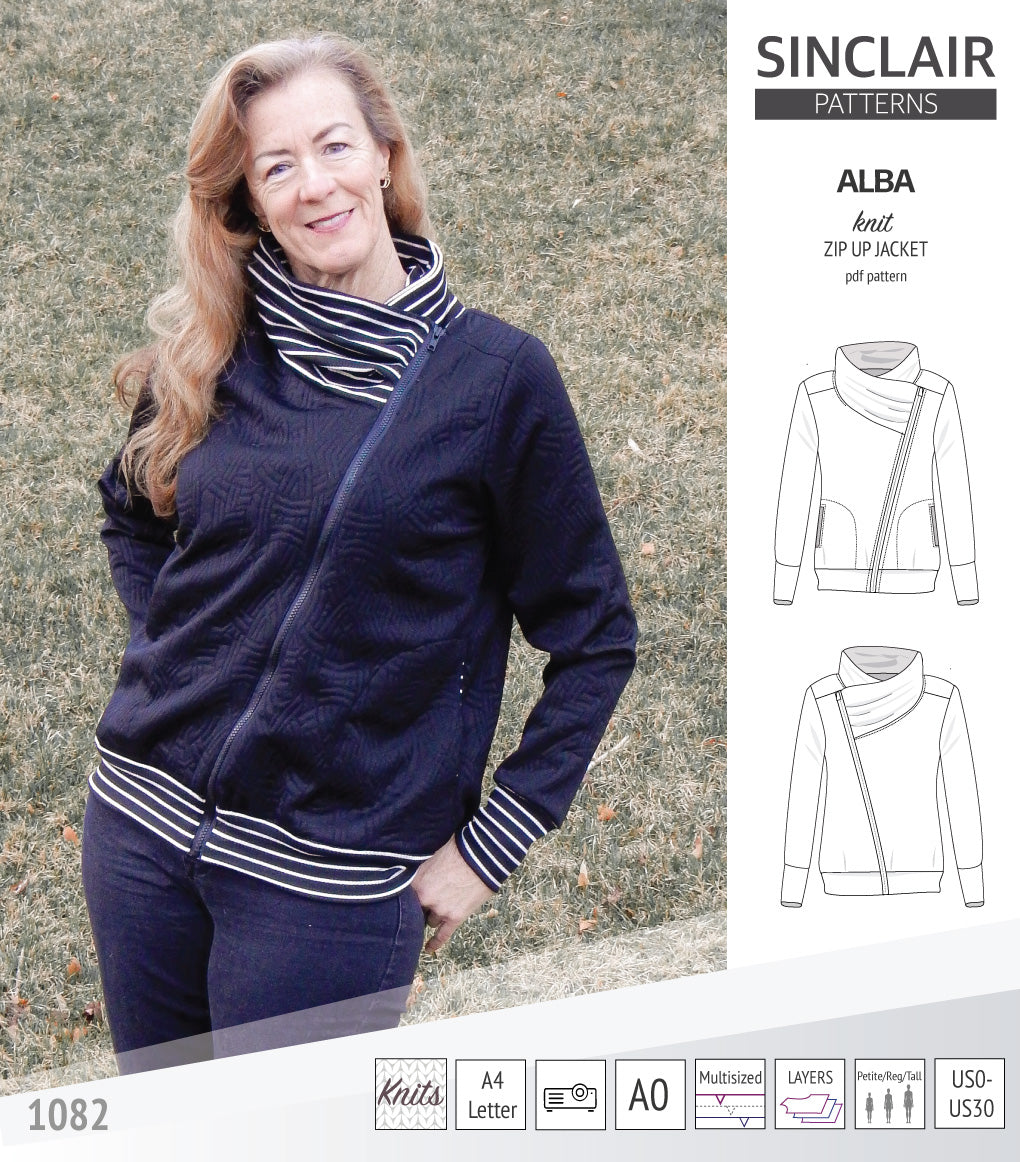 Sinclair Patterns S1082 Alba asymmetrical zip up zipper hoodie jacket for women with pockets pdf sewing pattern