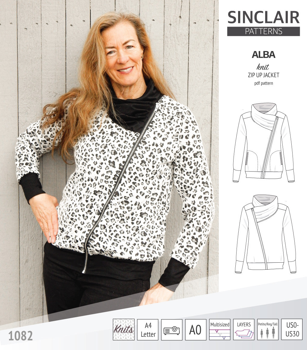 Sinclair Patterns S1082 Alba asymmetrical zip up zipper hoodie jacket for women with pockets pdf sewing pattern