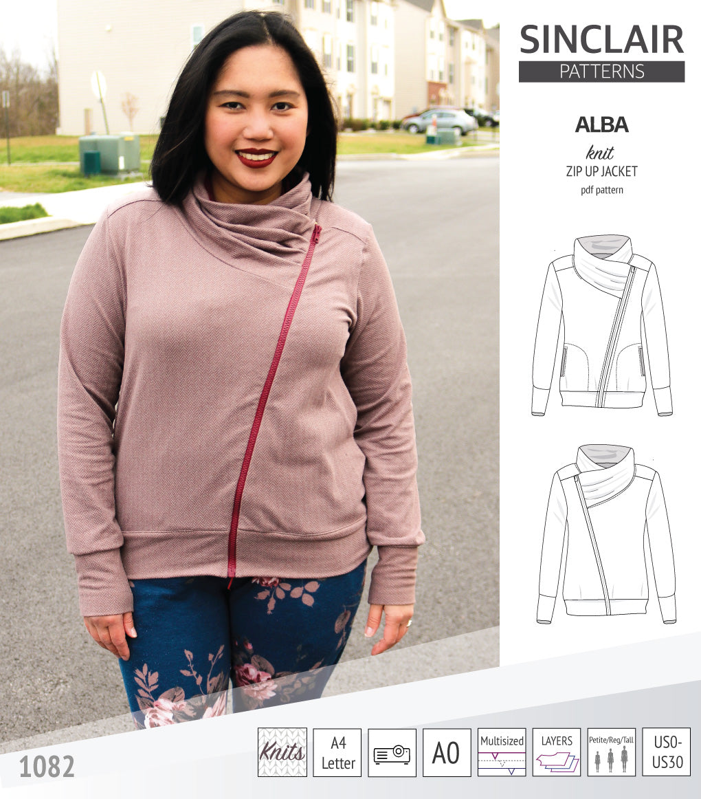 Sinclair Patterns S1082 Alba asymmetrical zip up zipper hoodie jacket for women with pockets pdf sewing pattern