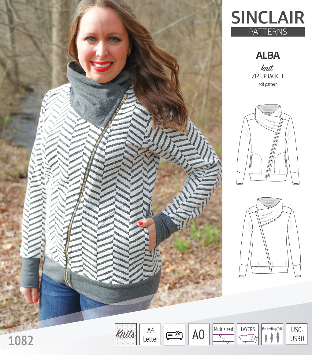 Sinclair Patterns S1082 Alba asymmetrical zip up zipper hoodie jacket for women with pockets pdf sewing pattern
