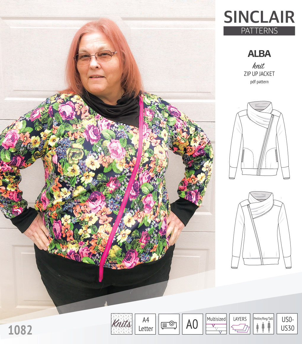 Sinclair Patterns S1082 Alba asymmetrical zip up zipper hoodie jacket for women with pockets pdf sewing pattern