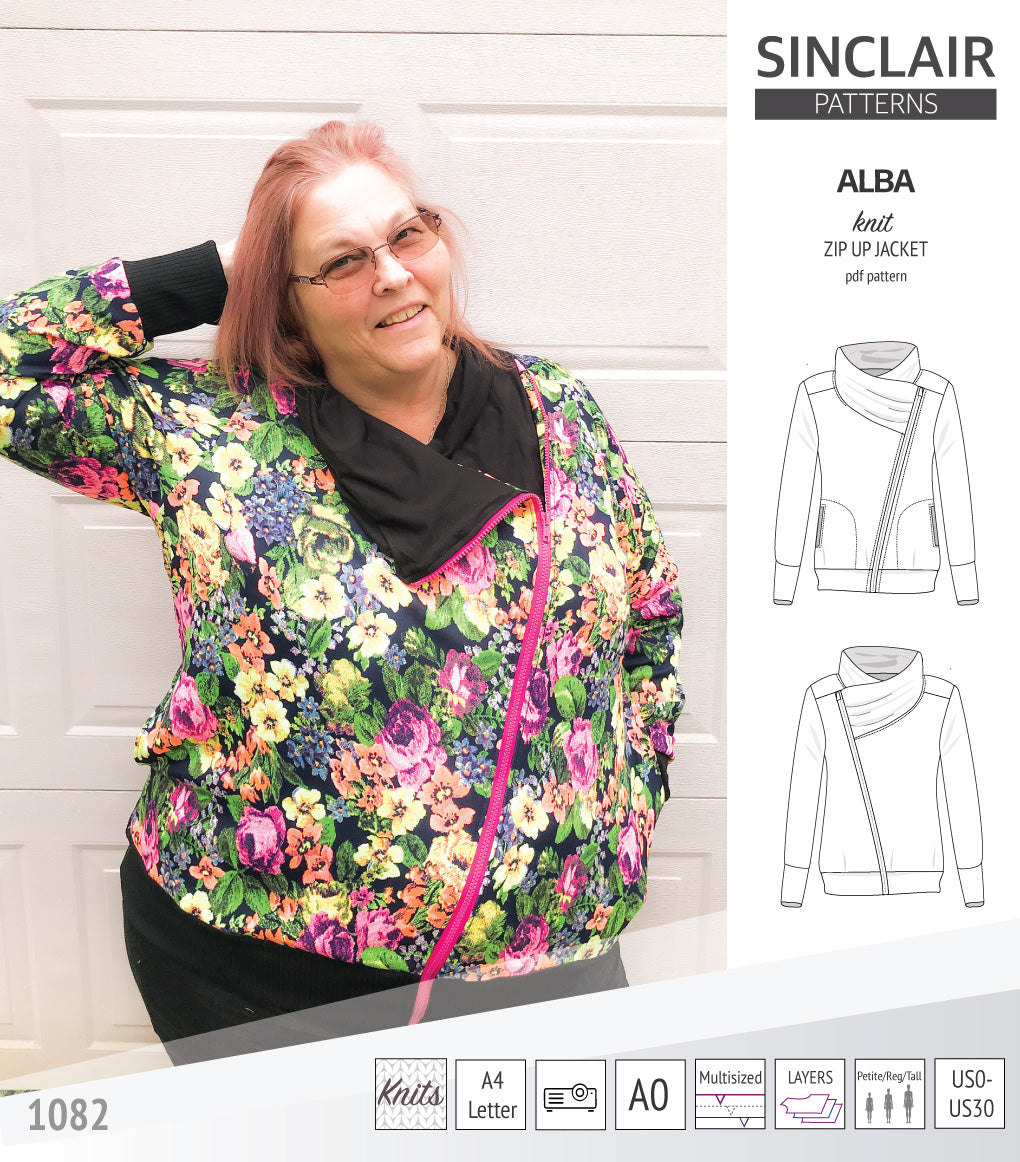 Sinclair Patterns S1082 Alba asymmetrical zip up zipper hoodie jacket for women with pockets pdf sewing pattern
