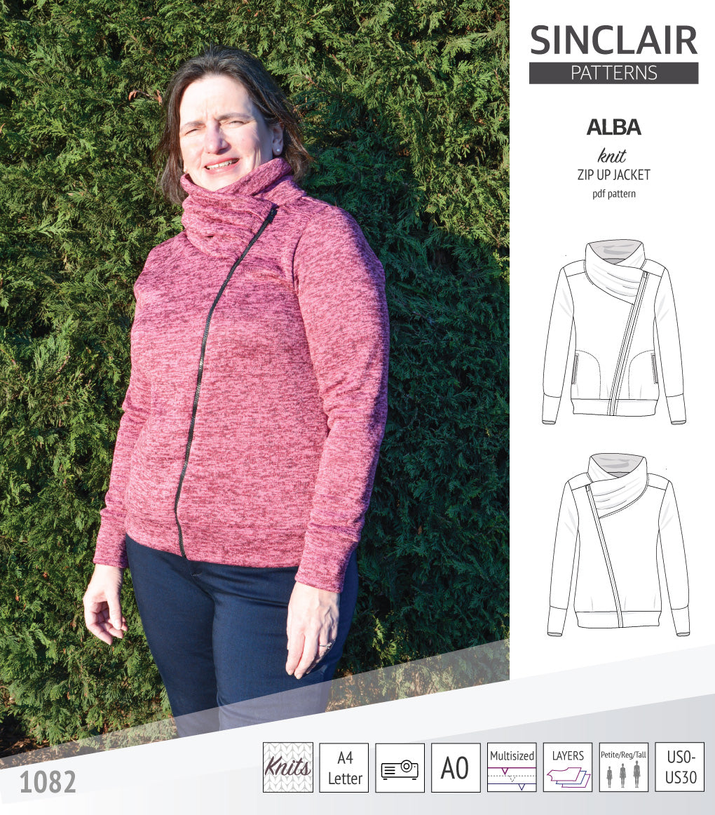 Sinclair Patterns S1082 Alba asymmetrical zip up zipper hoodie jacket for women with pockets pdf sewing pattern