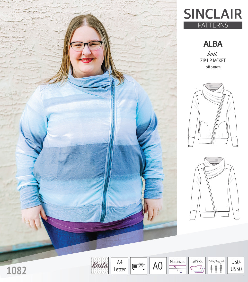 Sinclair Patterns S1082 Alba asymmetrical zip up zipper hoodie jacket for women with pockets pdf sewing pattern