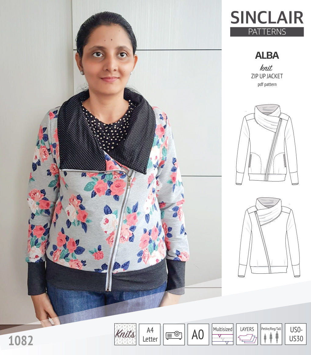 Sinclair Patterns S1082 Alba asymmetrical zip up zipper hoodie jacket for women with pockets pdf sewing pattern