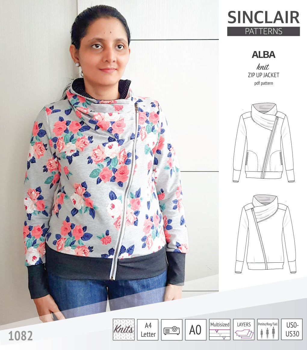 Sinclair Patterns S1082 Alba asymmetrical zip up zipper hoodie jacket for women with pockets pdf sewing pattern