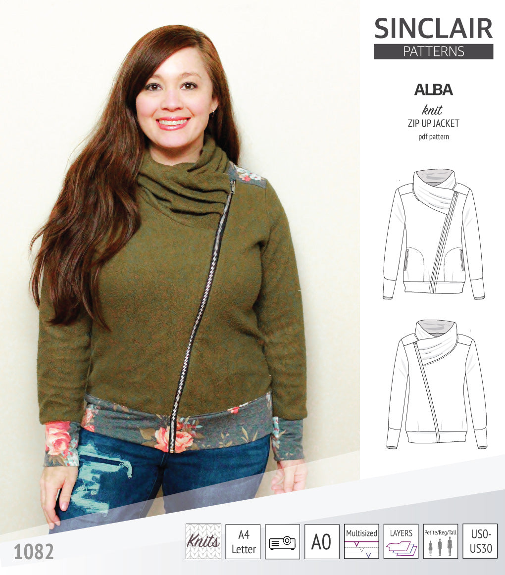 Sinclair Patterns S1082 Alba asymmetrical zip up zipper hoodie jacket for women with pockets pdf sewing pattern
