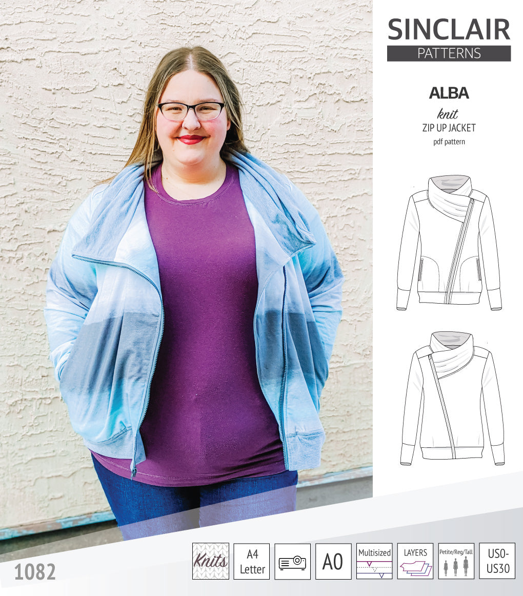 Sinclair Patterns S1082 Alba asymmetrical zip up zipper hoodie jacket for women with pockets pdf sewing pattern