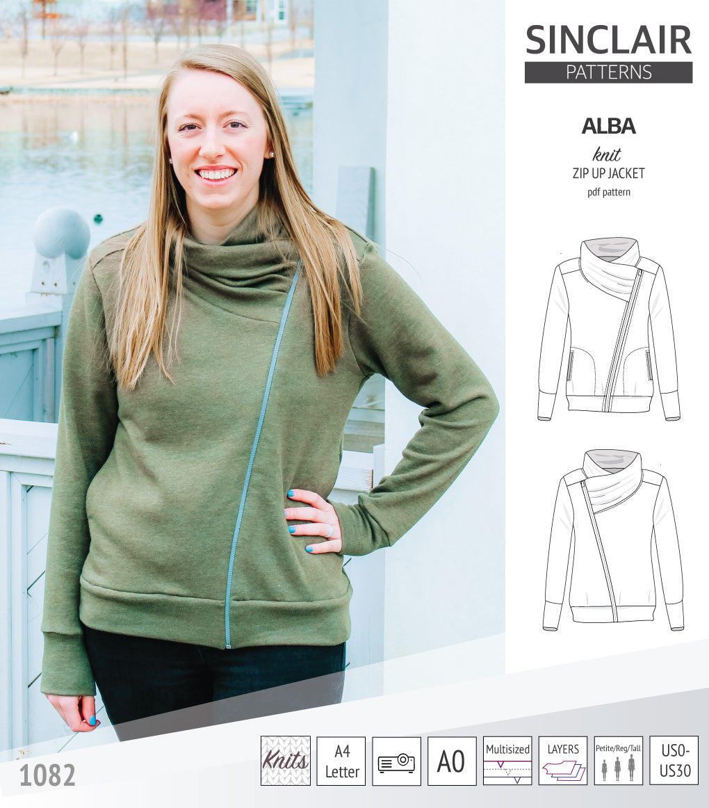 Sinclair Patterns S1082 Alba asymmetrical zip up zipper hoodie jacket for women with pockets pdf sewing pattern