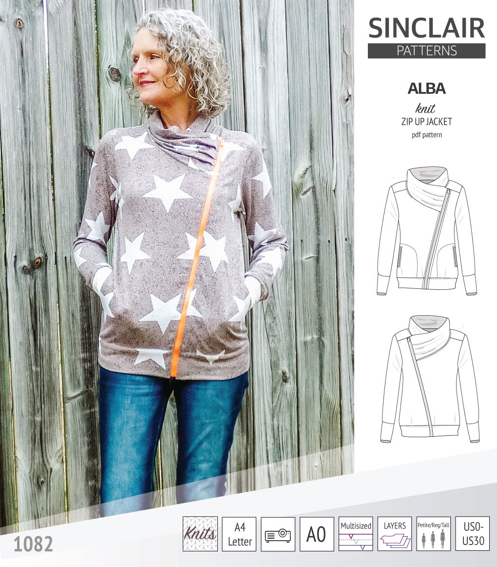 Sinclair Patterns S1082 Alba asymmetrical zip up zipper hoodie jacket for women with pockets pdf sewing pattern