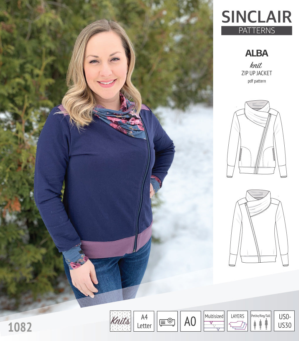 Sinclair Patterns S1082 Alba asymmetrical zip up zipper hoodie jacket for women with pockets pdf sewing pattern