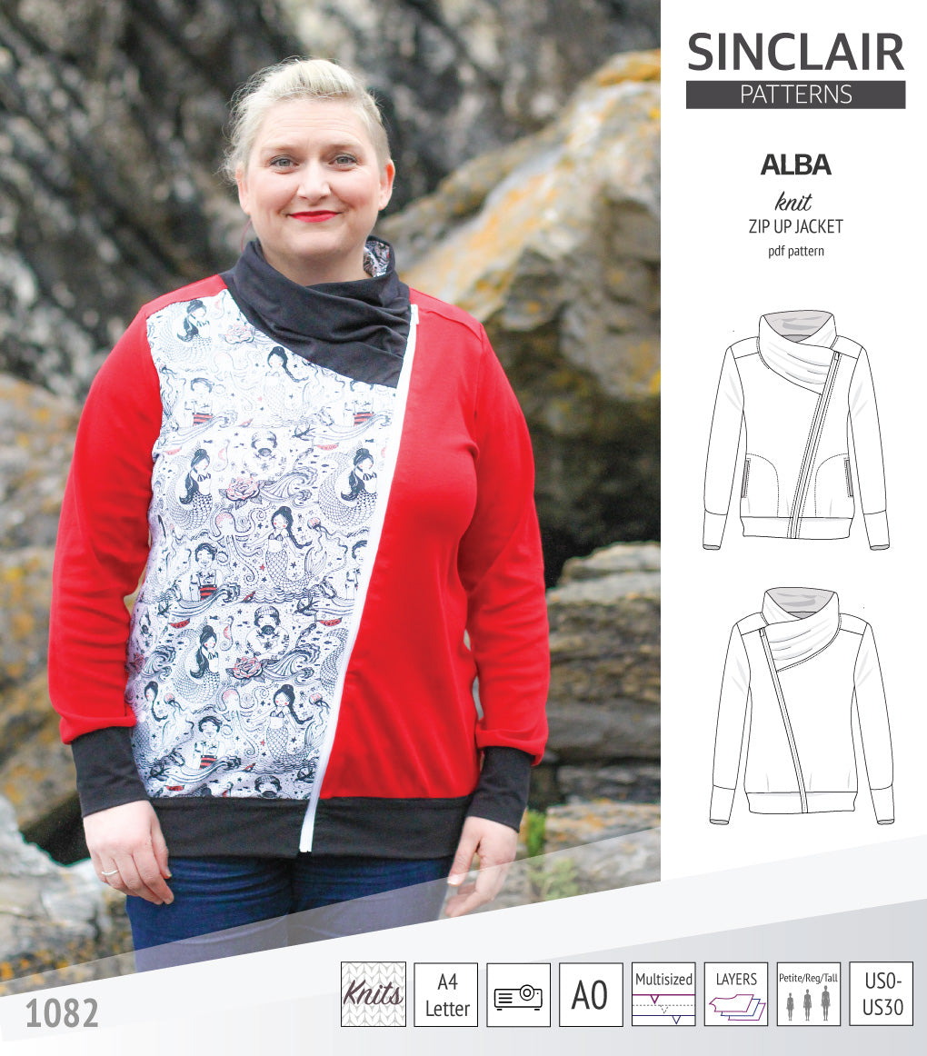 Sinclair Patterns S1082 Alba asymmetrical zip up zipper hoodie jacket for women with pockets pdf sewing pattern