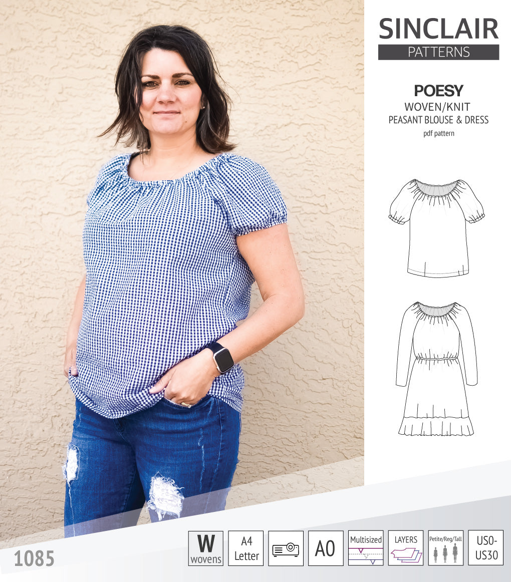 Sinclair Patterns S1085 Poesy peasant style blouse tunic and dress for woven and knit fabrics