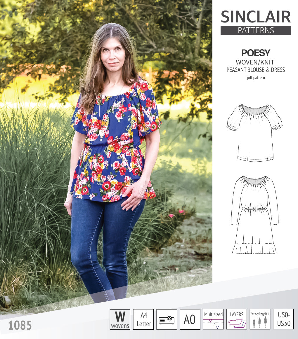 Sinclair Patterns S1085 Poesy peasant style blouse tunic and dress for woven and knit fabrics