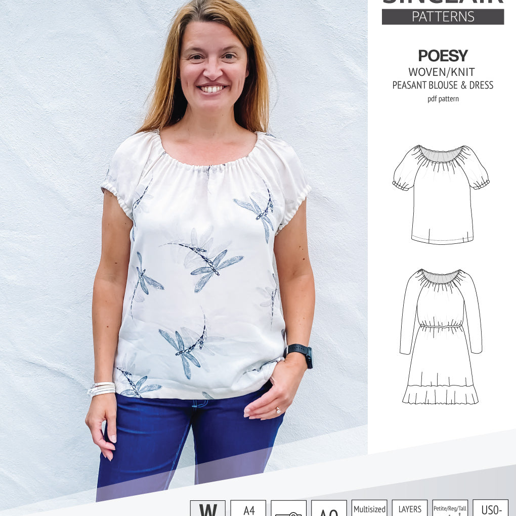 Sinclair Patterns S1085 Poesy peasant style blouse tunic and dress for woven and knit fabrics