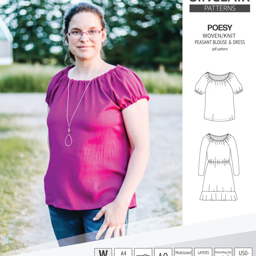 Sinclair Patterns S1085 Poesy peasant style blouse tunic and dress for woven and knit fabrics
