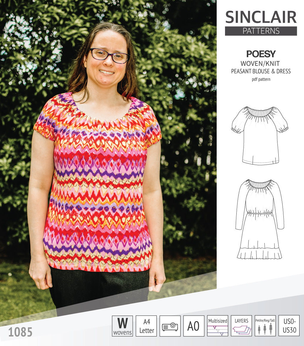 Sinclair Patterns S1085 Poesy peasant style blouse tunic and dress for woven and knit fabrics