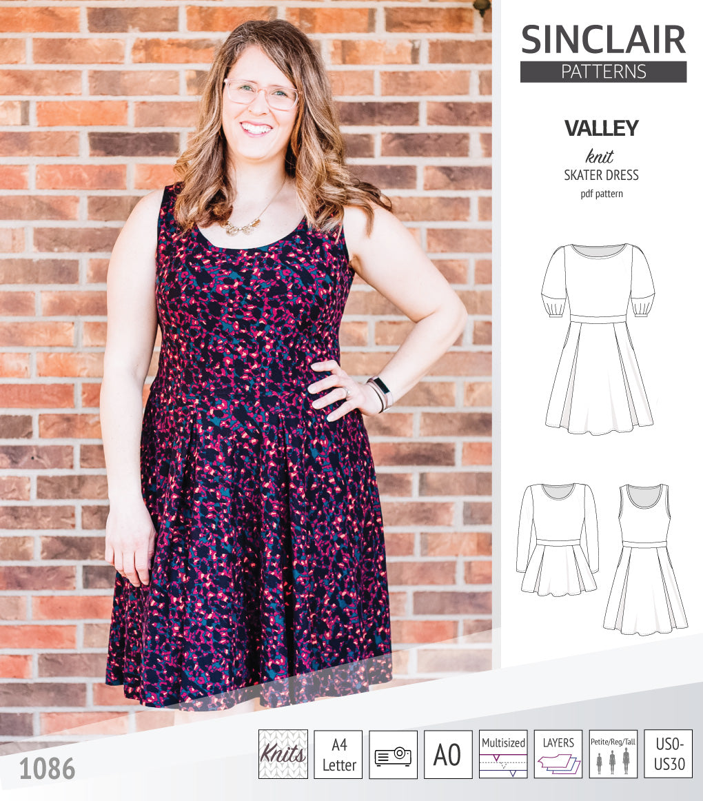 Sinclair Patterns S1086 Valley fit and flare skater dress for knit fabrics pdf sewing pattern