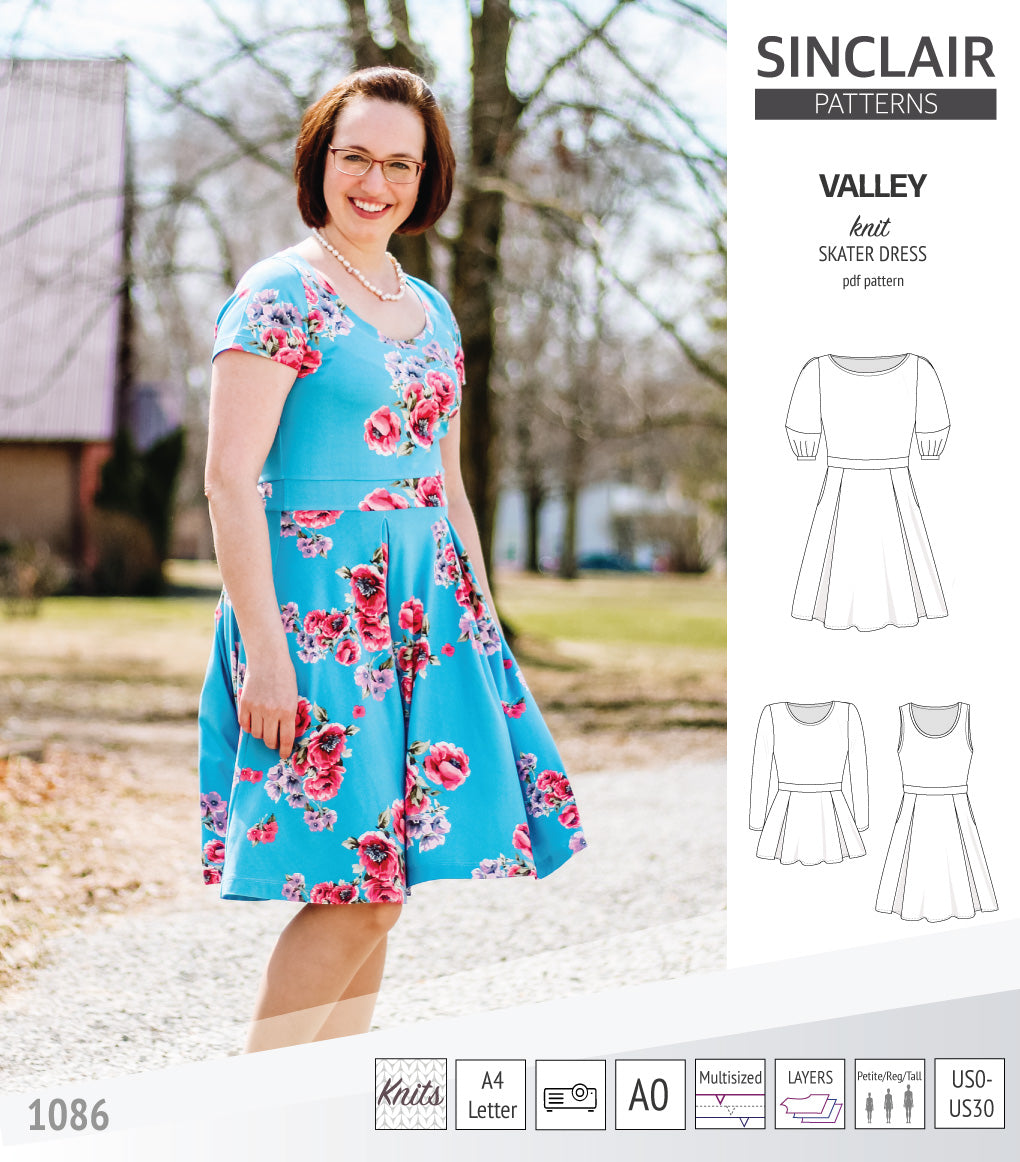 Sinclair Patterns S1086 Valley fit and flare skater dress for knit fabrics pdf sewing pattern