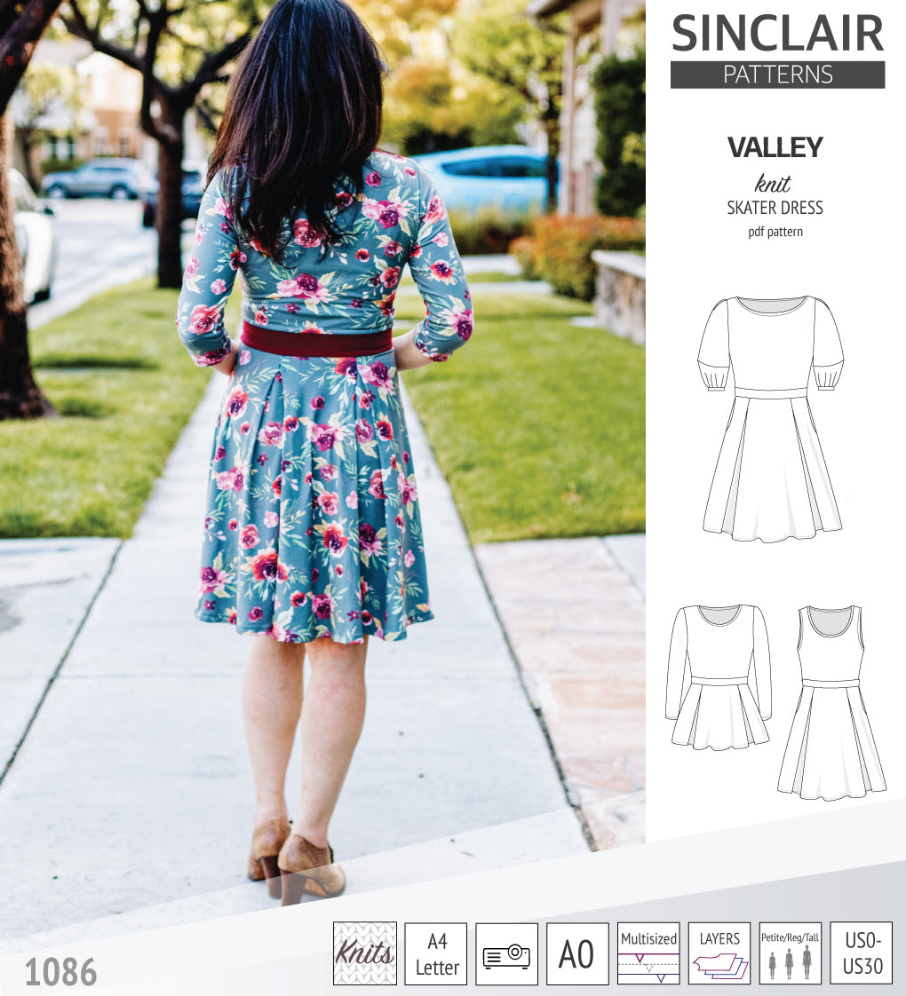 Sinclair Patterns S1086 Valley fit and flare skater dress for knit fabrics pdf sewing pattern