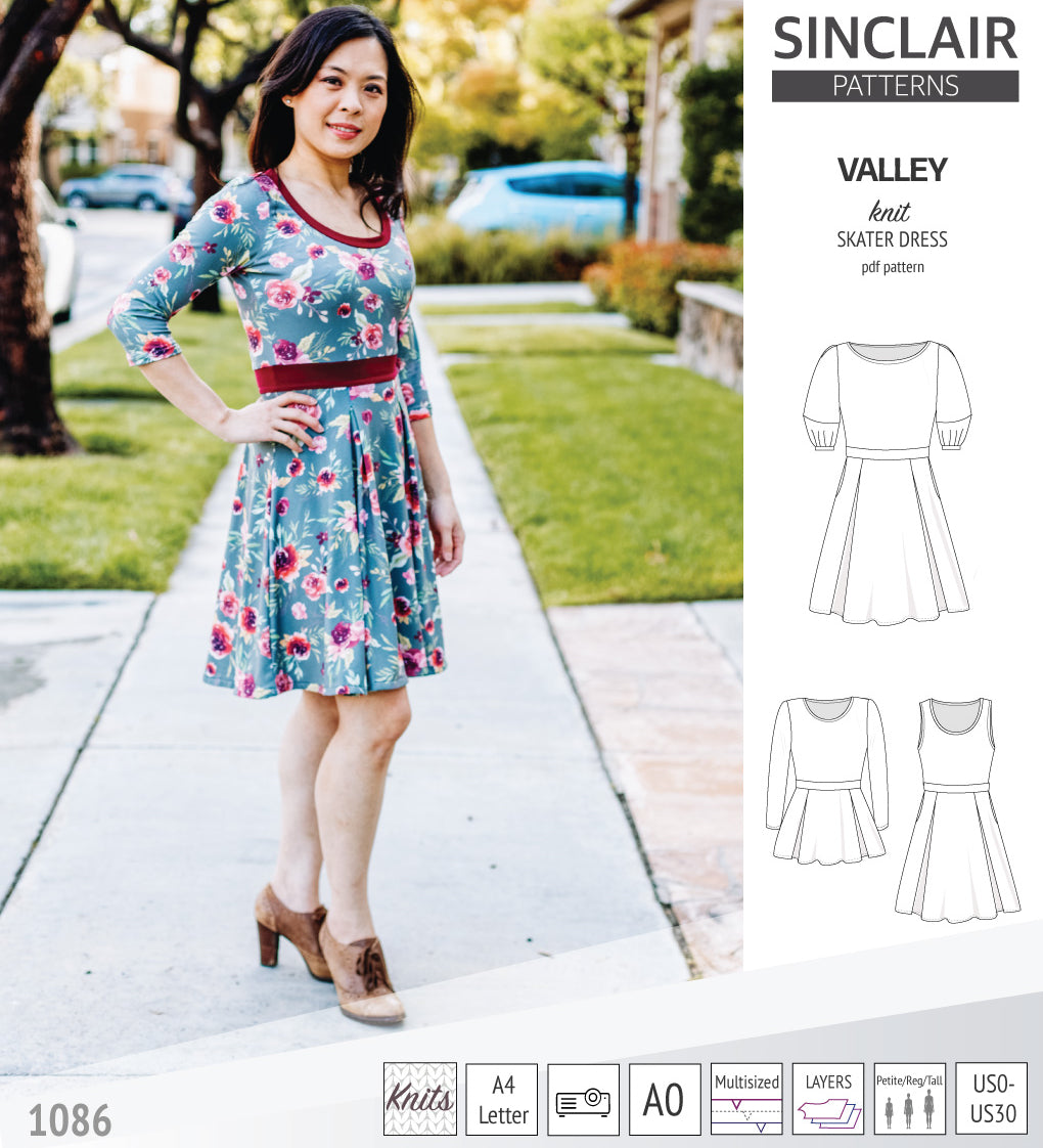 Sinclair Patterns S1086 Valley fit and flare skater dress for knit fabrics pdf sewing pattern