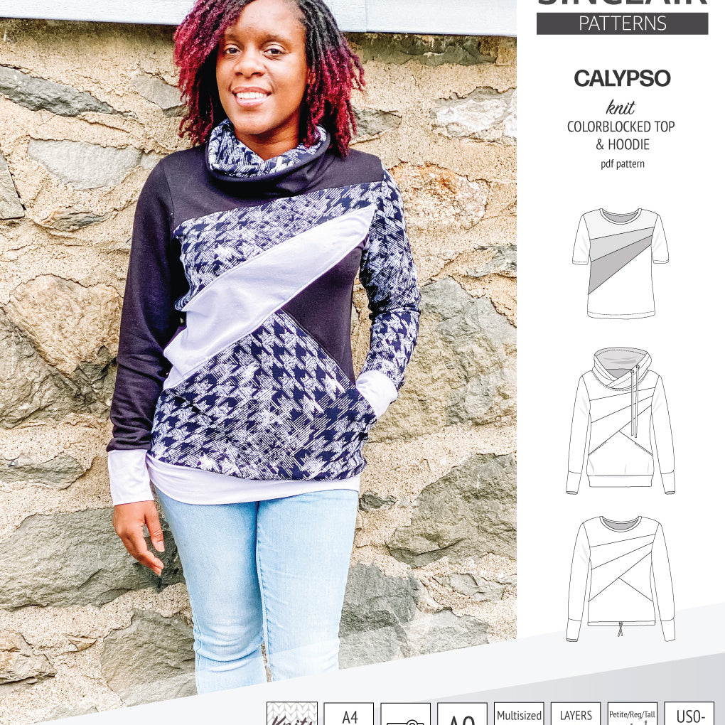 Pdf sewing pattern Hoodie top and t-shirt colorblocked and cowl for women