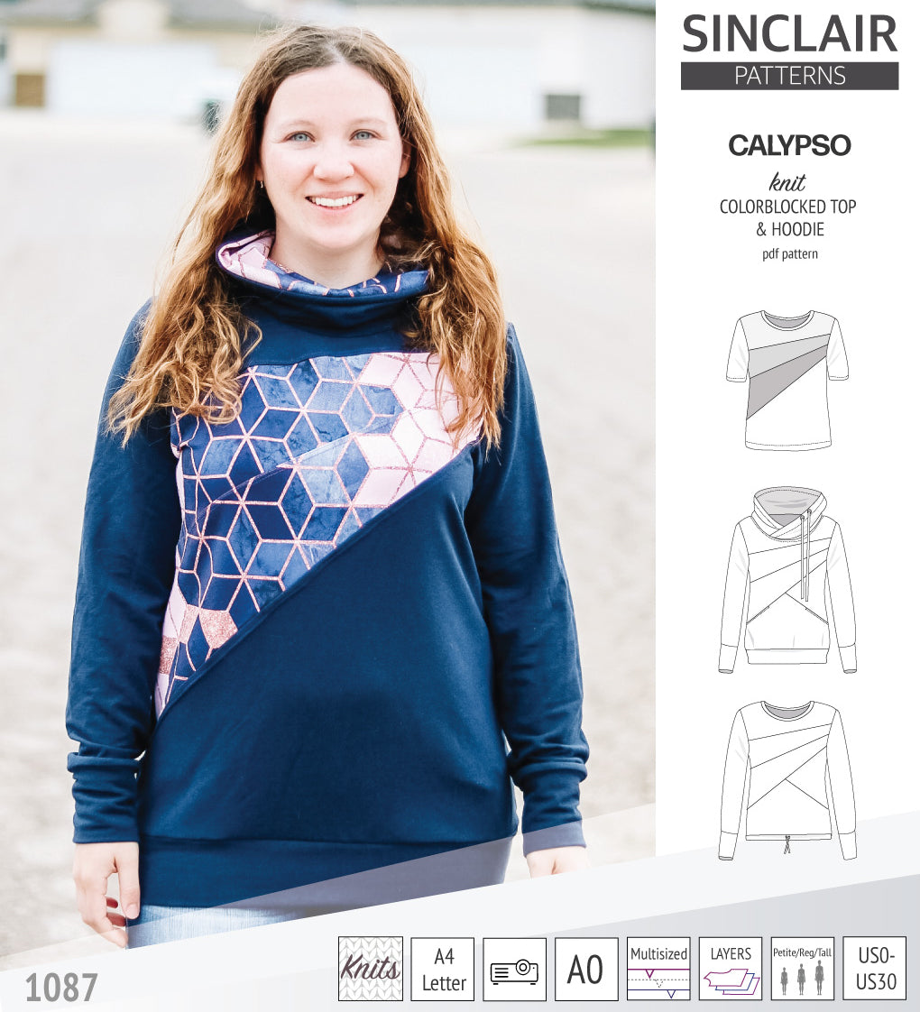 Pdf sewing pattern Hoodie top and t-shirt colorblocked and cowl for women