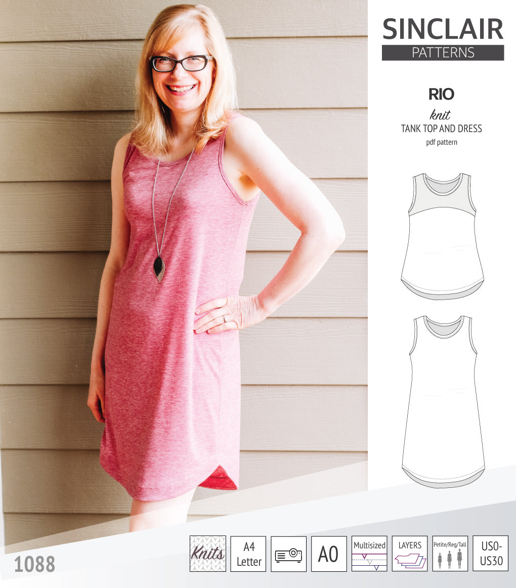 Sinclair Patterns Rio racerback tank top and jersey dress pdf sewing patterns for women