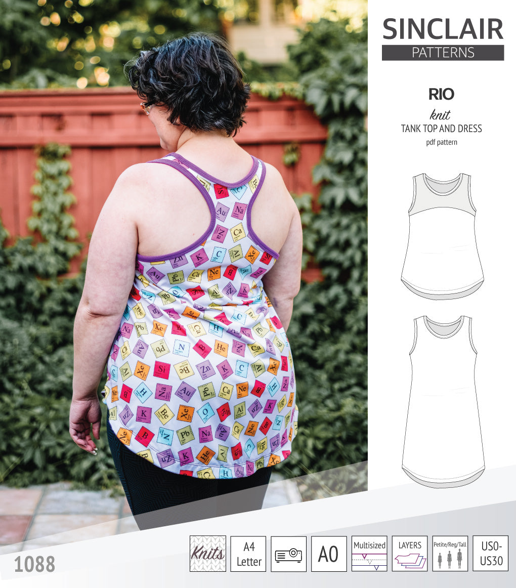 Sinclair Patterns Rio racerback tank top and jersey dress pdf sewing patterns for women