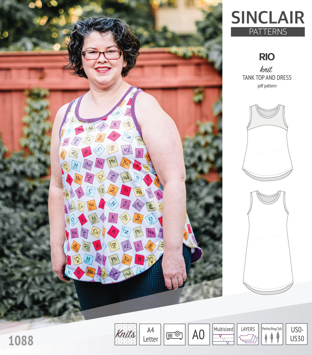 Sinclair Patterns Rio racerback tank top and jersey dress pdf sewing patterns for women