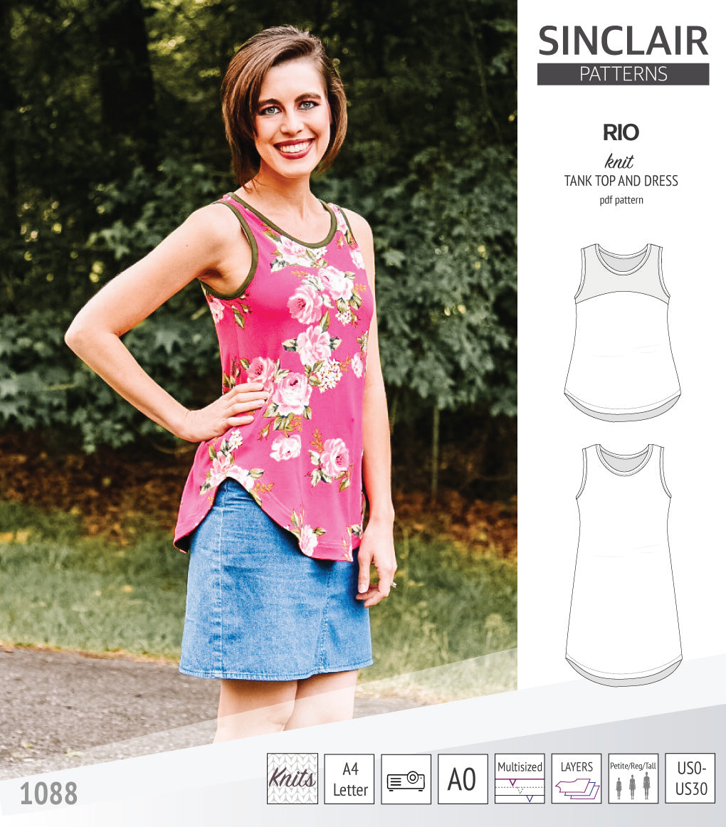 Sinclair Patterns Rio racerback tank top and jersey dress pdf sewing patterns for women