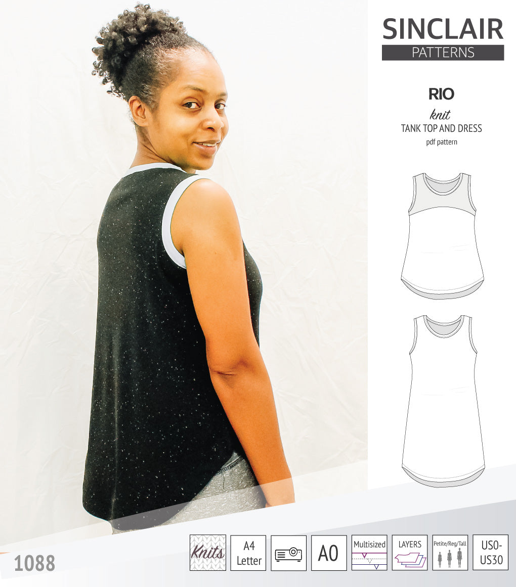 Sinclair Patterns Rio racerback tank top and jersey dress pdf sewing patterns for women