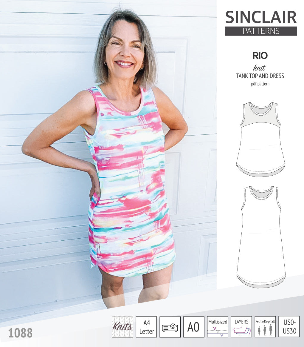 Sinclair Patterns Rio racerback tank top and jersey dress pdf sewing patterns for women
