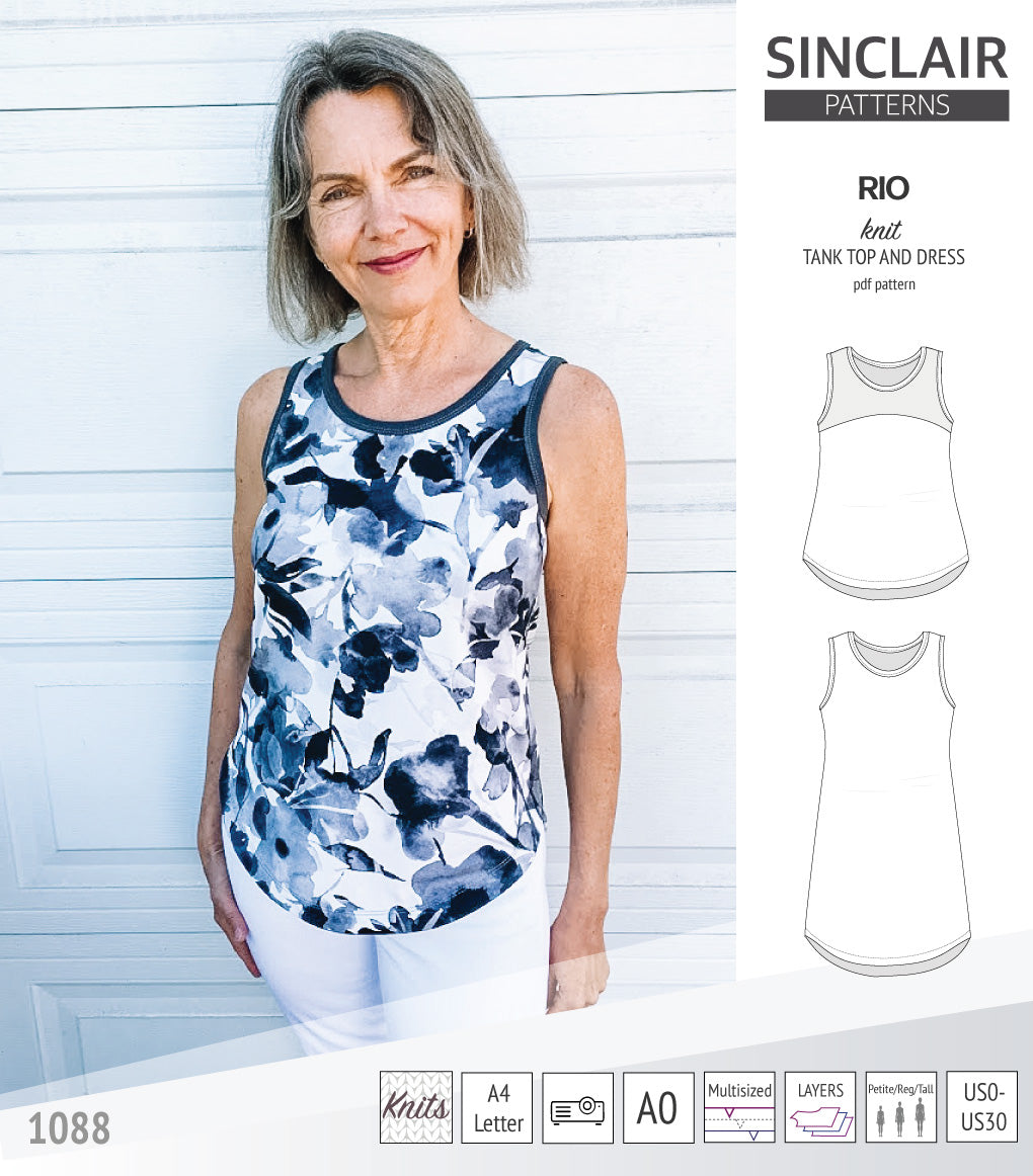 Sinclair Patterns Rio racerback tank top and jersey dress pdf sewing patterns for women