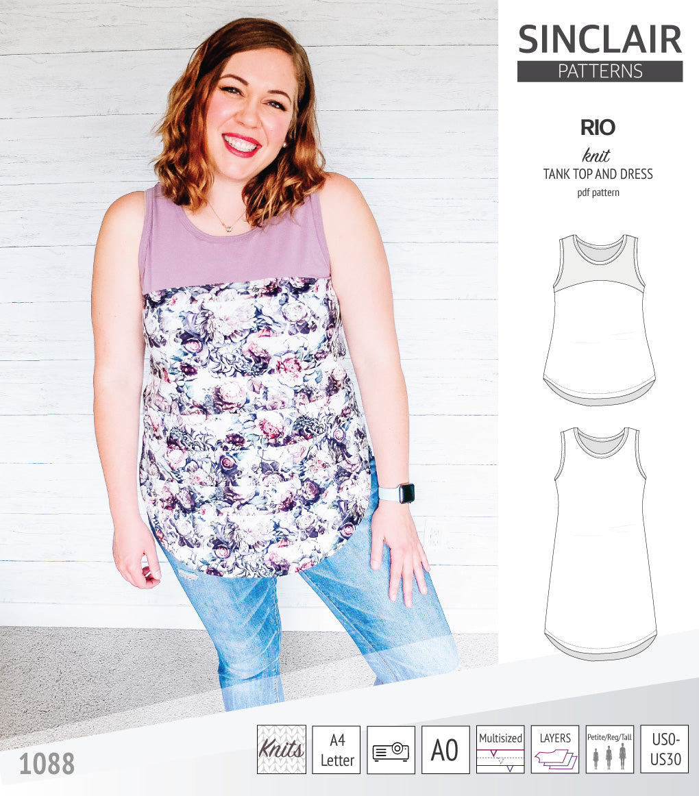 Sinclair Patterns Rio racerback tank top and jersey dress pdf sewing patterns for women
