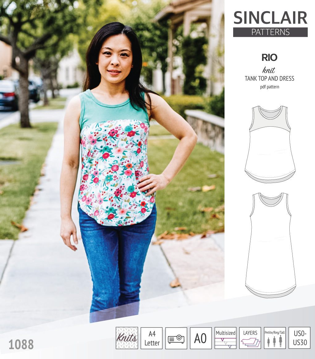 Sinclair Patterns Rio racerback tank top and jersey dress pdf sewing patterns for women