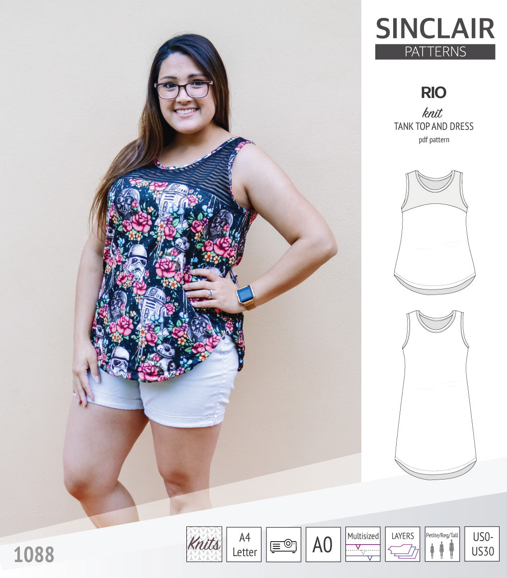 Sinclair Patterns Rio racerback tank top and jersey dress pdf sewing patterns for women