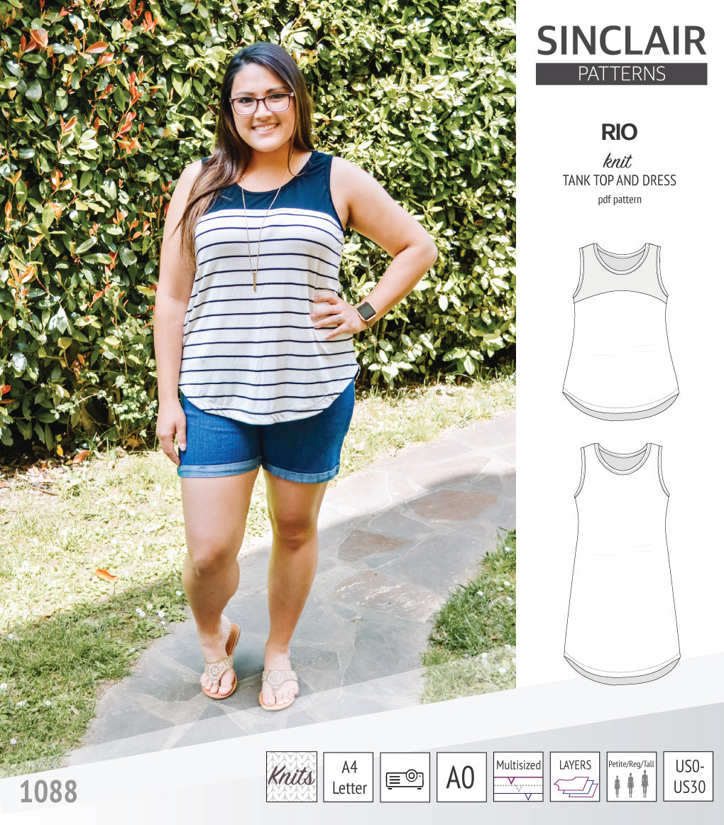 Sinclair Patterns Rio racerback tank top and jersey dress pdf sewing patterns for women