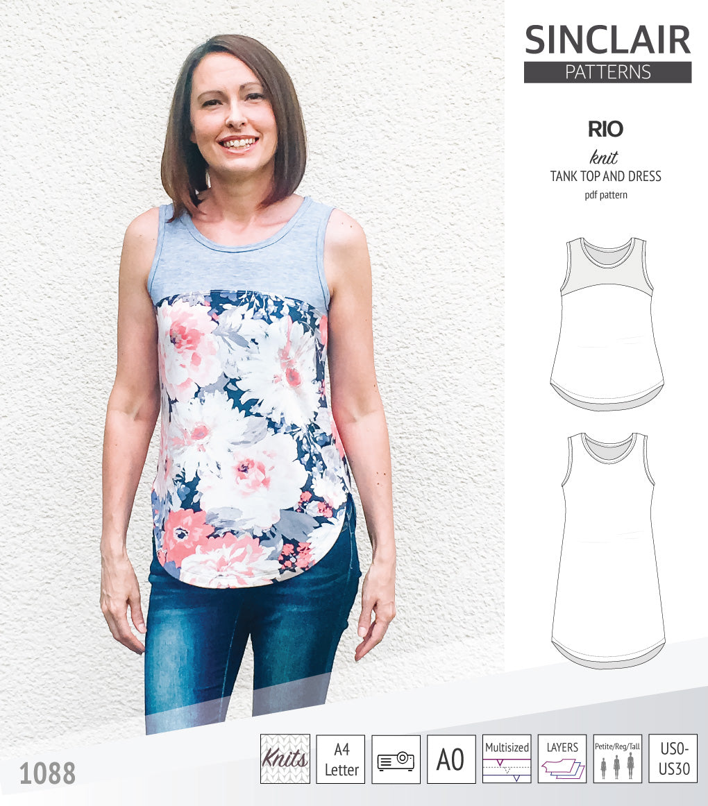 Sinclair Patterns Rio racerback tank top and jersey dress pdf sewing patterns for women