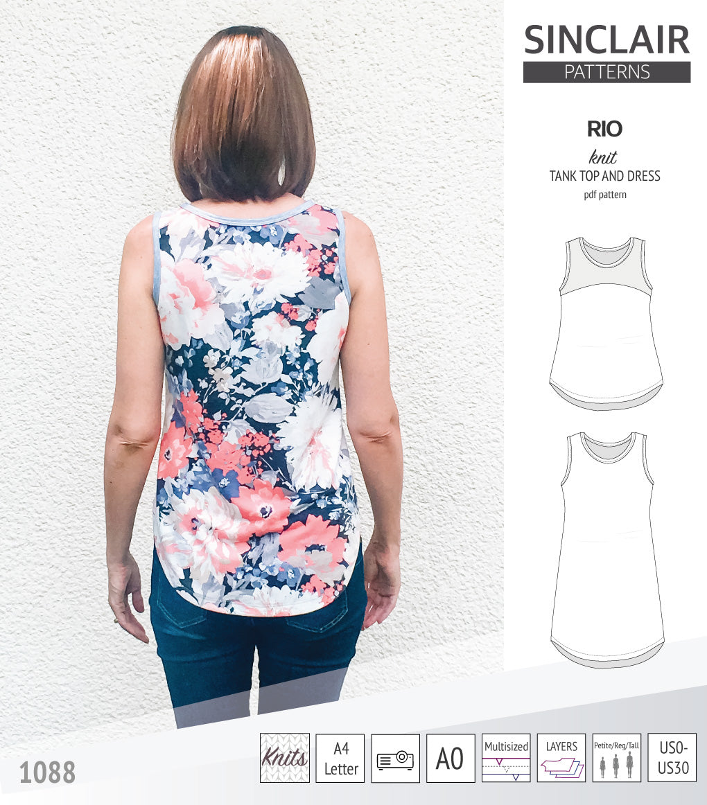 Sinclair Patterns Rio racerback tank top and jersey dress pdf sewing patterns for women