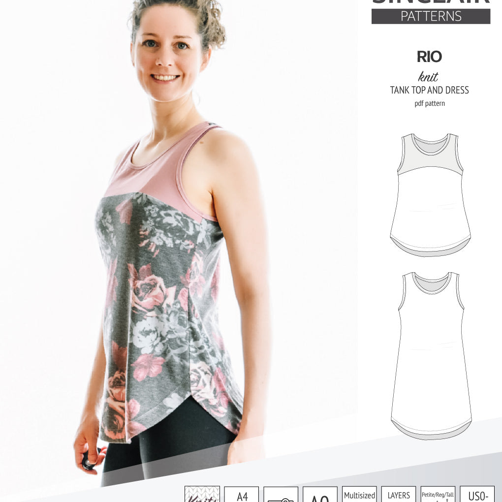 Sinclair Patterns Rio racerback tank top and jersey dress pdf sewing patterns for women