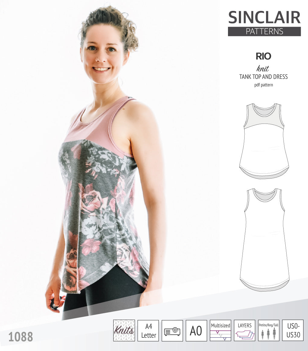 Sinclair Patterns Rio racerback tank top and jersey dress pdf sewing patterns for women